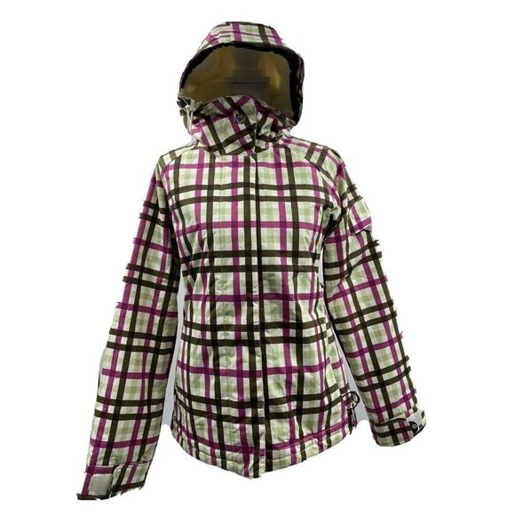 ROXY Plaid Ski Snow Snowboarding Hooded Jacket Coat XS Zip Pockets Insulated - Picture 1 of 12